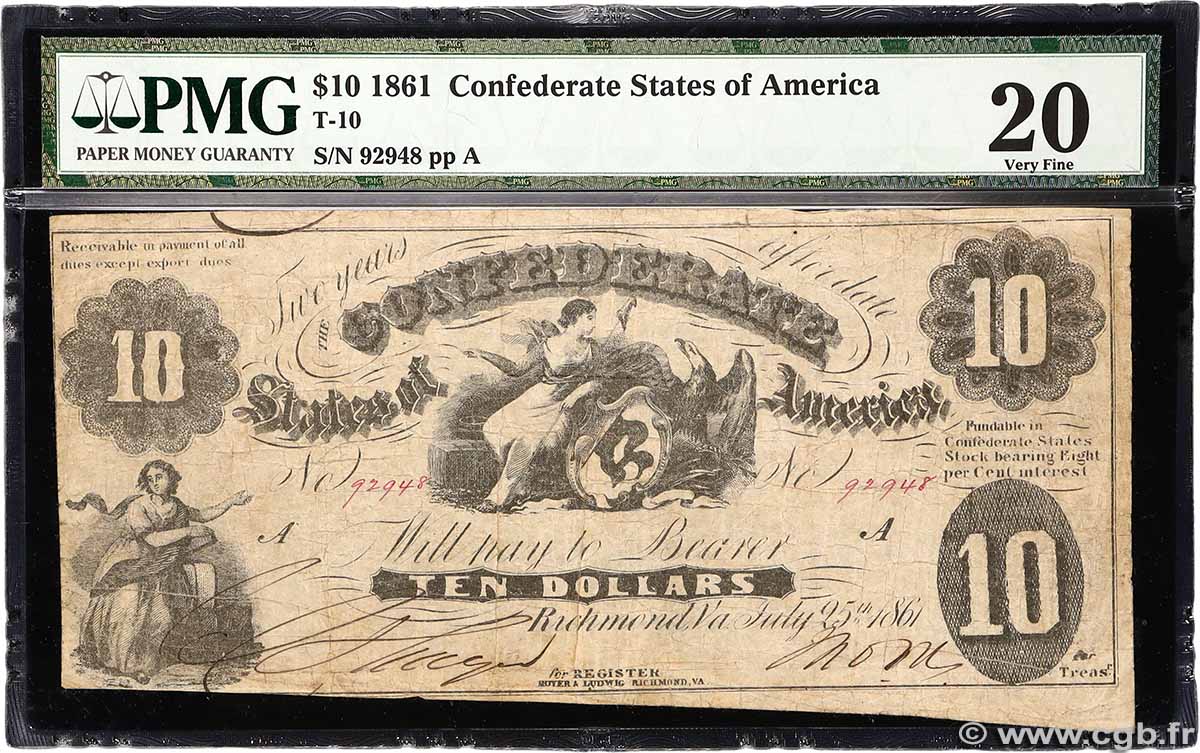 10 Dollars STATI CONFEDERATI D AMERICA 1861 P.09 MB