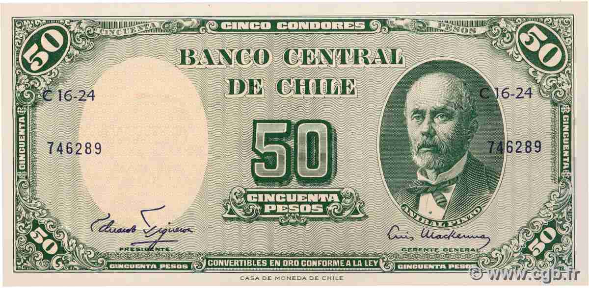 5 Centesimos sur 50 Pesos CHILI 1960 P.126b NEUF