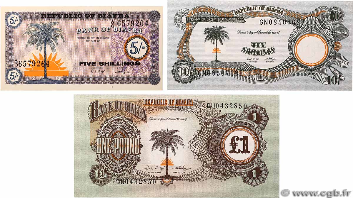5, 10 Shillings et 1 Pound Lot BIAFRA 1967 P.01, P.04 et P.05a q.FDC