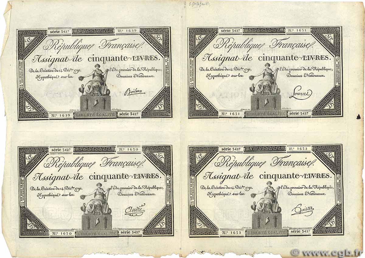 50 Livres Planche FRANCE 1792 Ass.39a-p VF