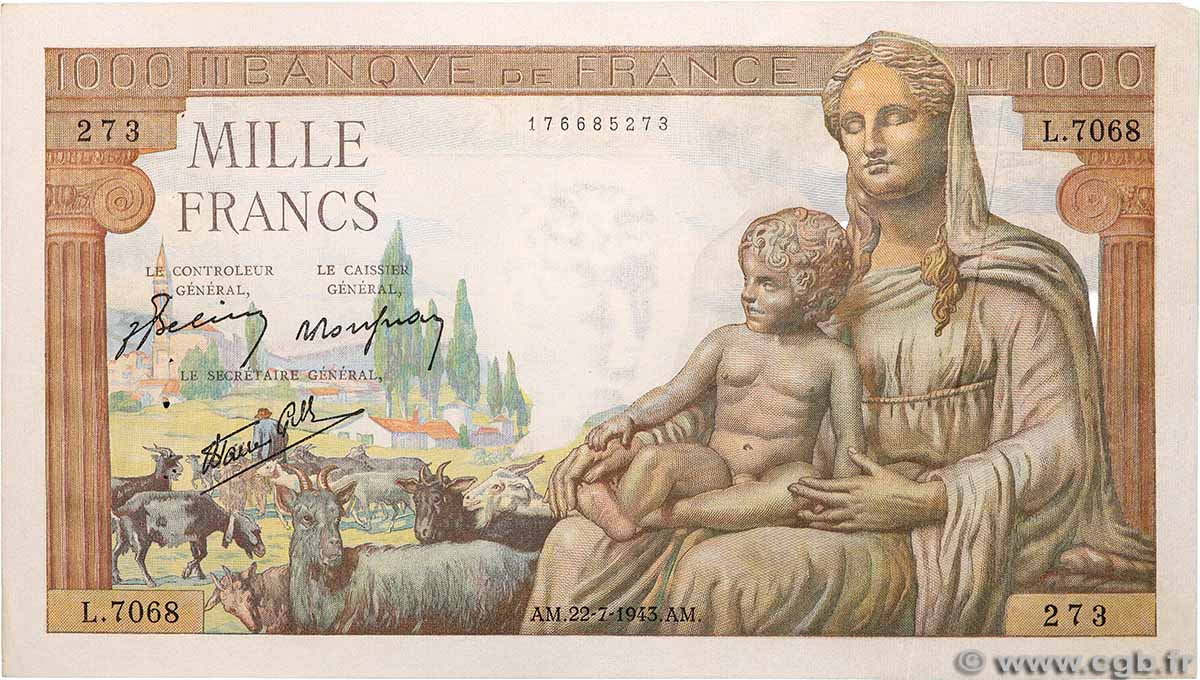 1000 Francs DÉESSE DÉMÉTER FRANCE 1943 F.40.31 VF+