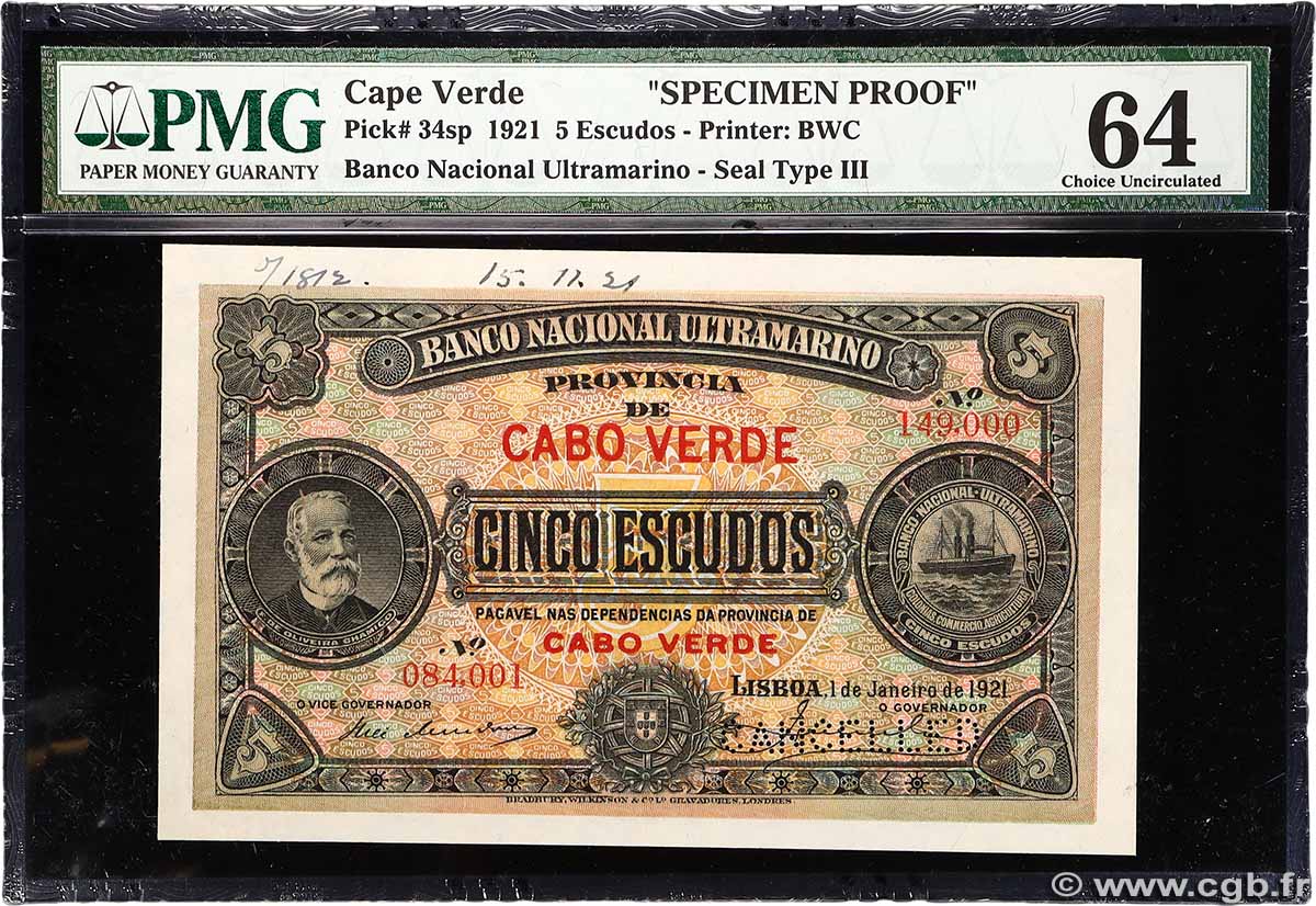 5 Escudos Annulé CAPE VERDE 1921 P.34s UNC-