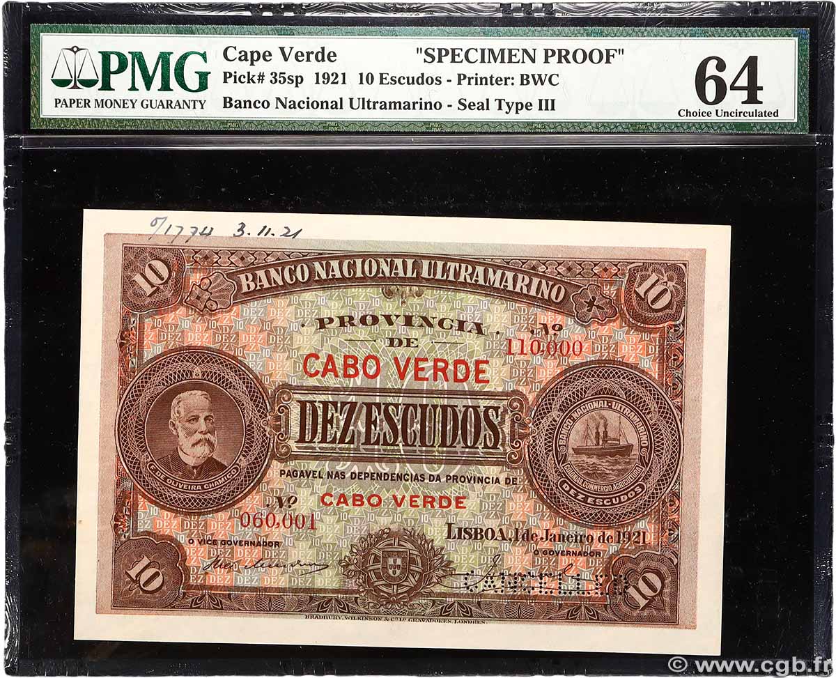 10 Escudos Épreuve CAPE VERDE 1921 P.35s UNC-