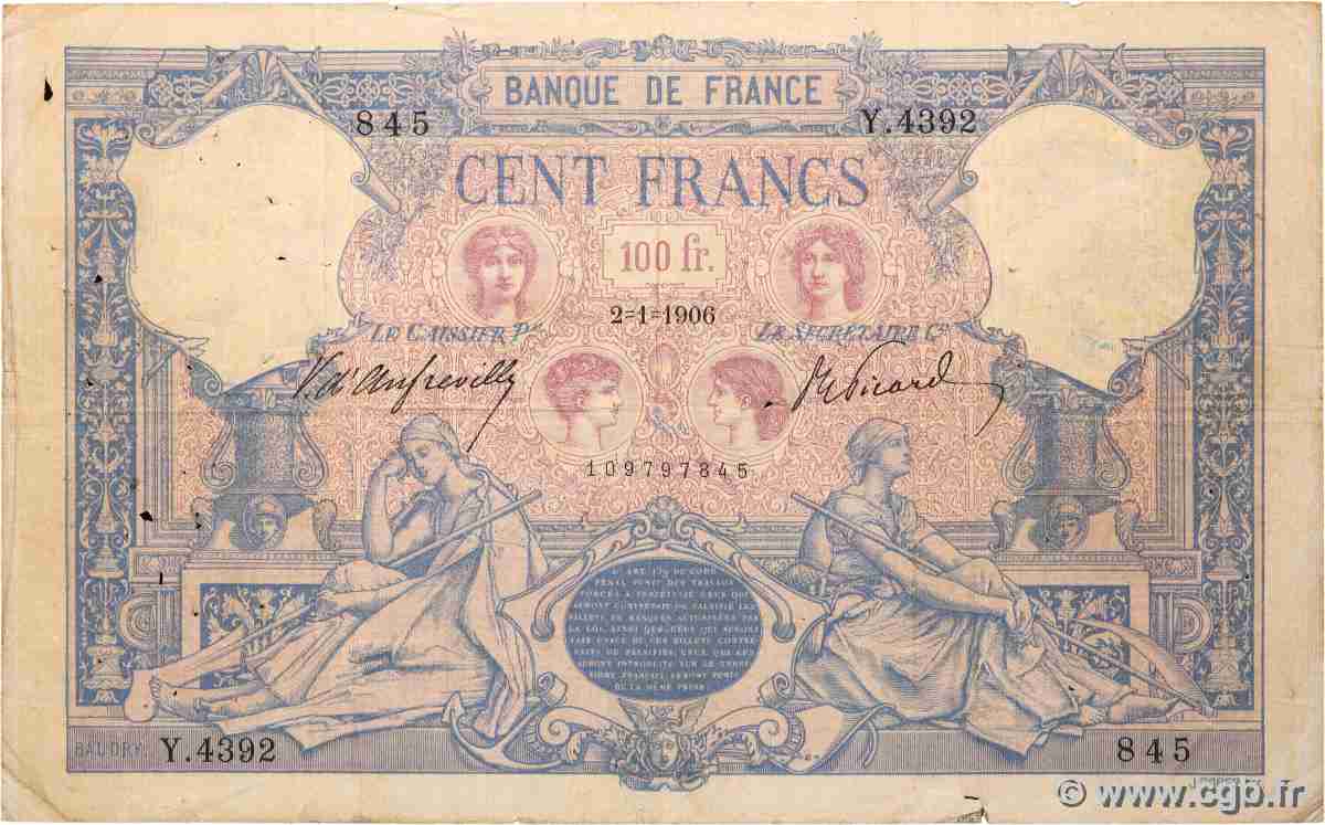 100 Francs BLEU ET ROSE FRANCE 1906 F.21.20 pr.TB
