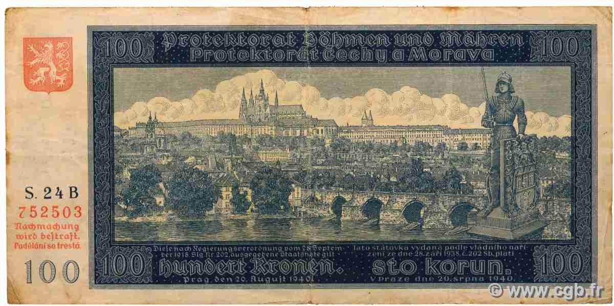 100 Korun BOHÊME ET MORAVIE 1940 P.06 TB
