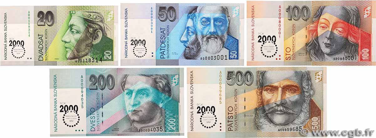20 au 500 Korun Lot SLOVAKIA 2000 P.34 au P.38 UNC-