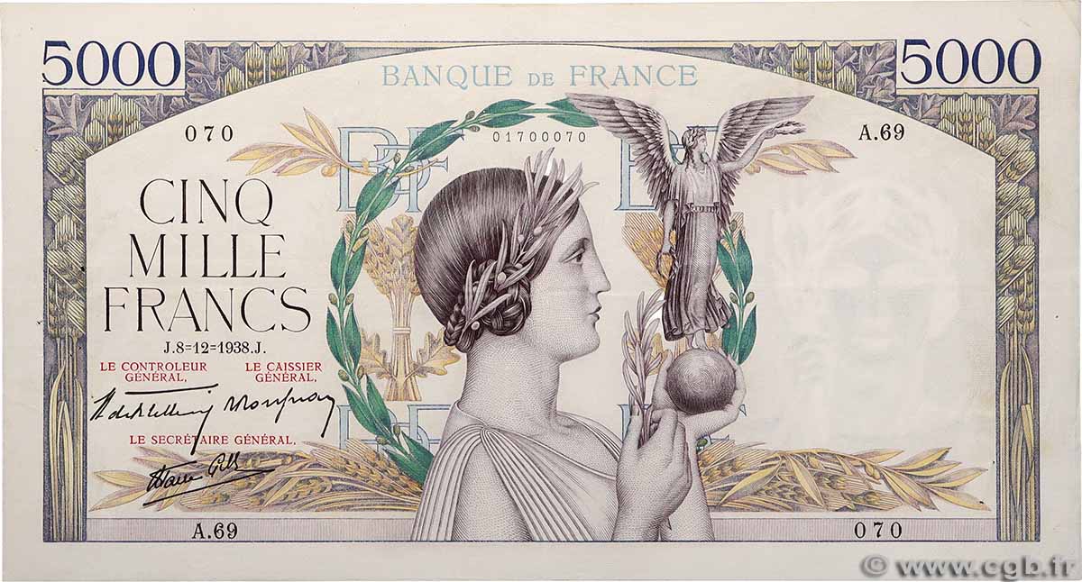 5000 Francs VICTOIRE Impression à plat FRANCE 1938 F.46.01 VF