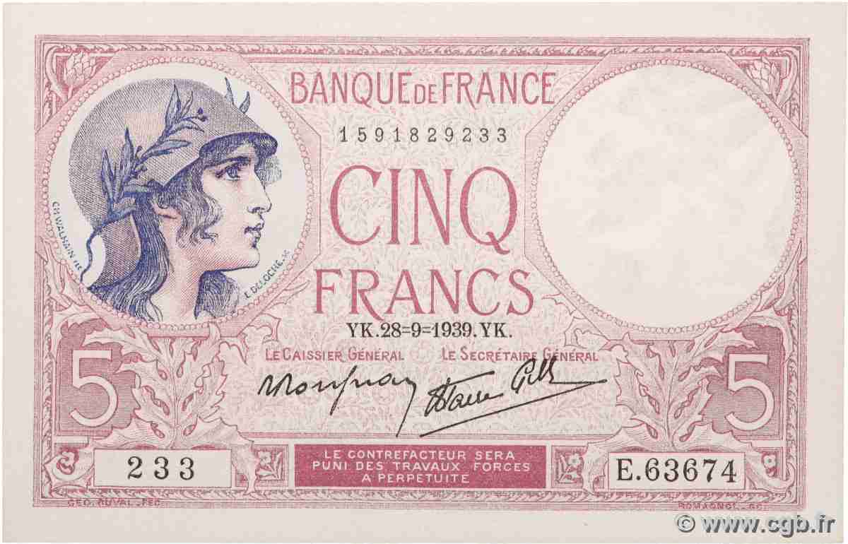 5 Francs FEMME CASQUÉE modifié FRANCE 1939 F.04.10 pr.NEUF