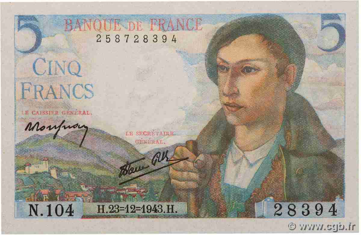 5 Francs BERGER FRANCE 1943 F.05.05 pr.NEUF