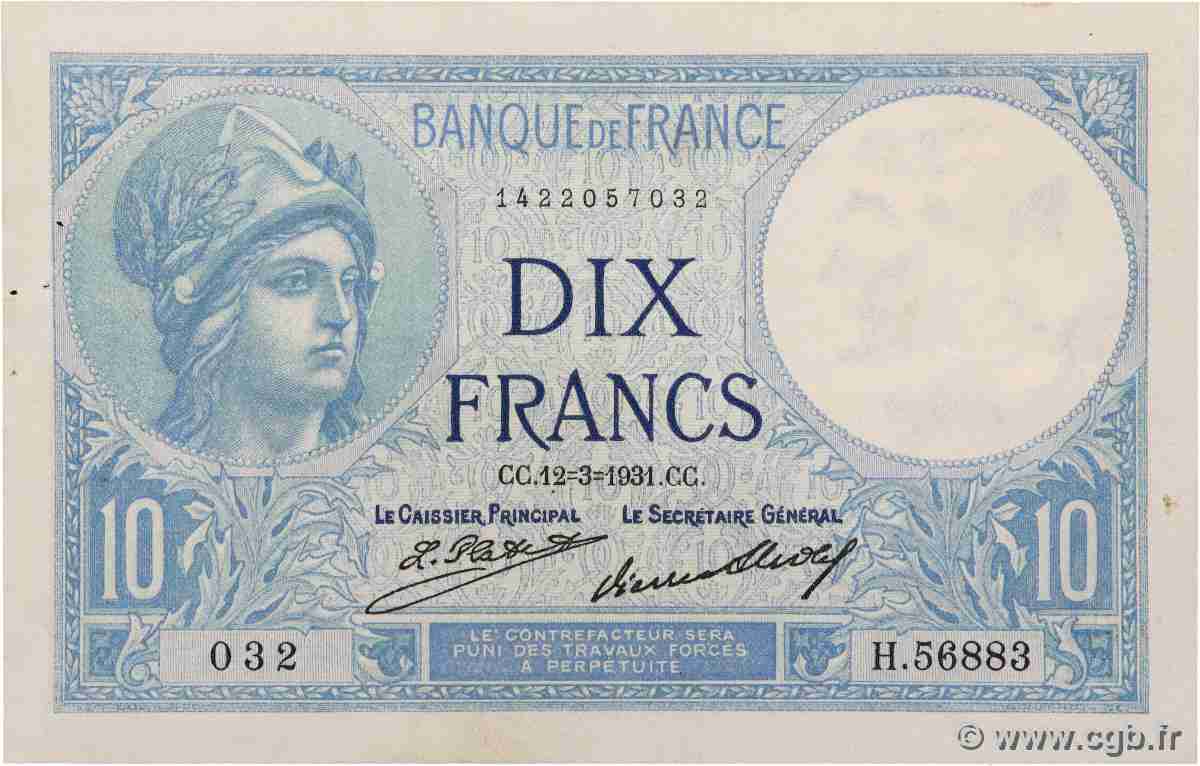 10 Francs MINERVE FRANCE 1931 F.06.15 pr.SUP