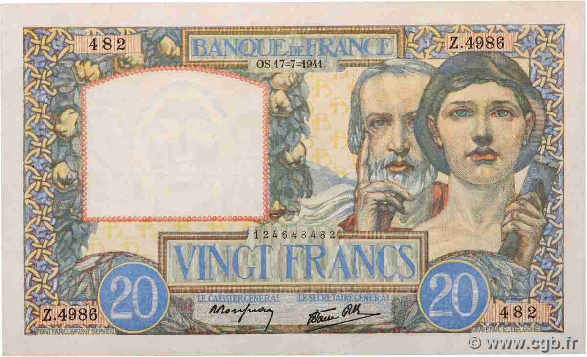 20 Francs TRAVAIL ET SCIENCE FRANCE 1941 F.12.16 TB+
