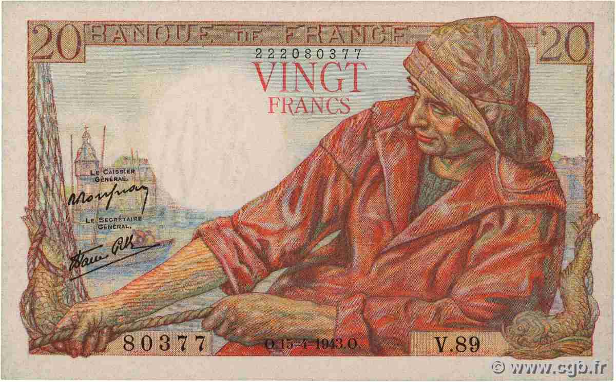 20 Francs PÊCHEUR FRANCE 1943 F.13.06 TTB
