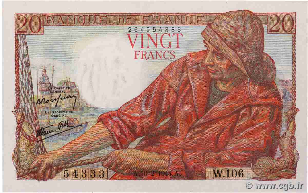 20 Francs PÊCHEUR FRANCE 1944 F.13.08 pr.NEUF