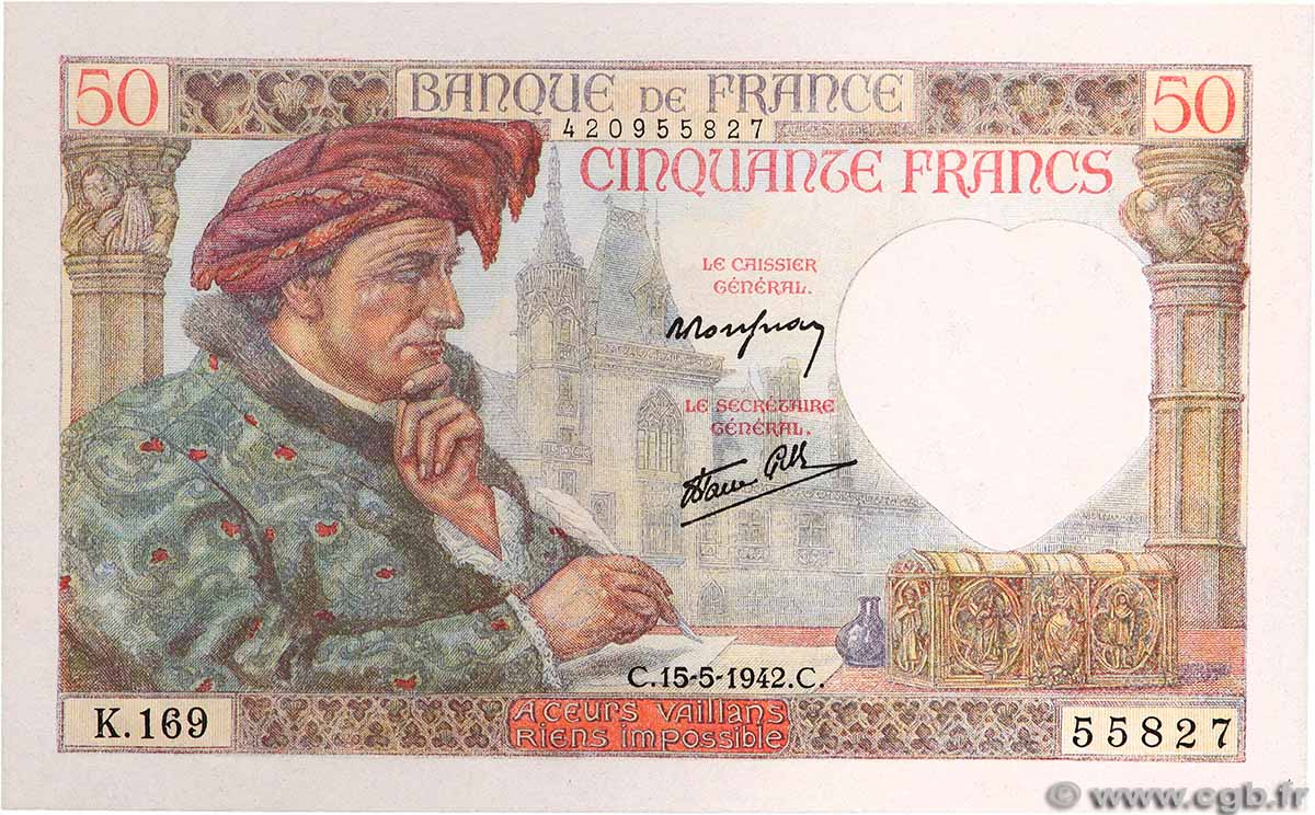 50 Francs JACQUES CŒUR FRANCE 1942 F.19.20 NEUF