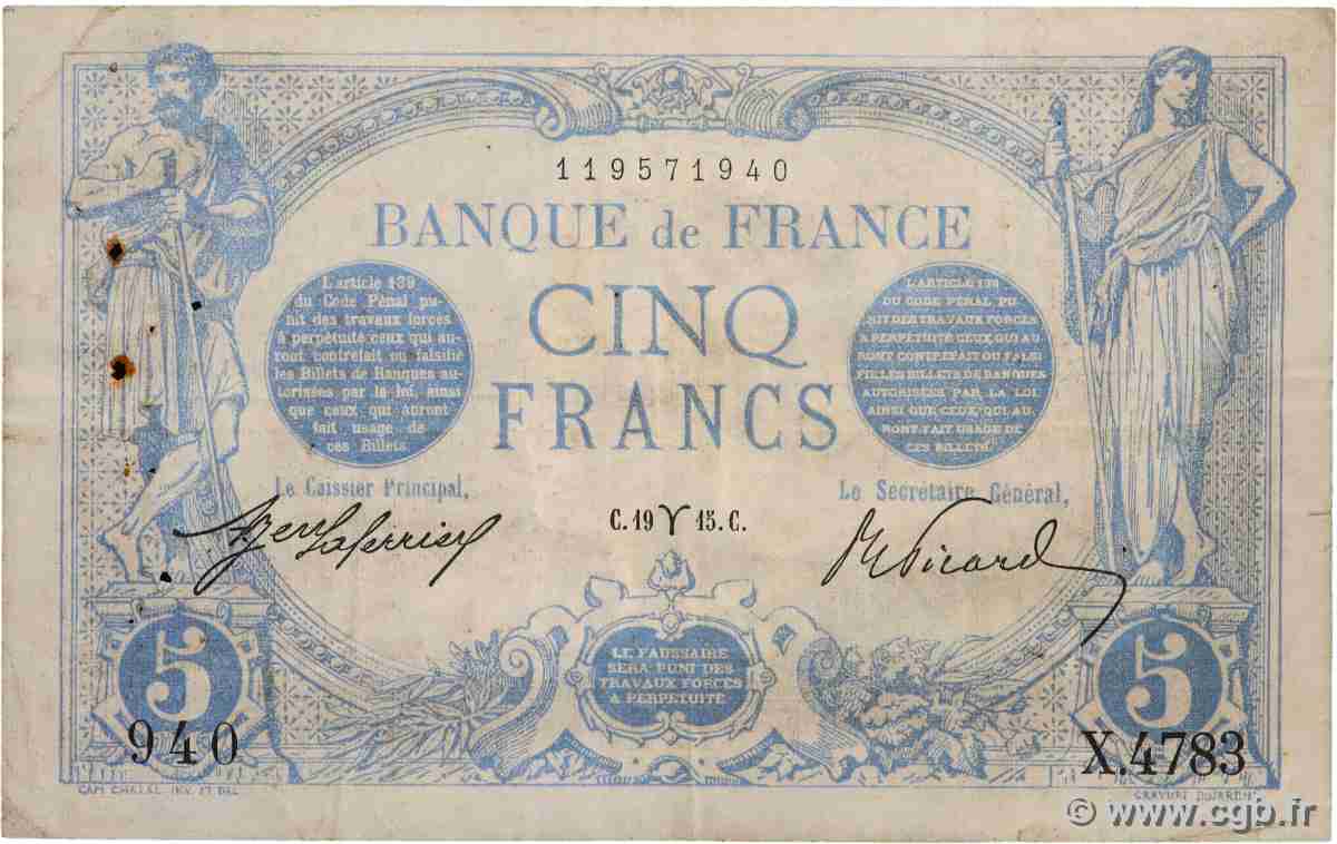 5 Francs BLEU FRANKREICH 1915 F.02.25 fSS