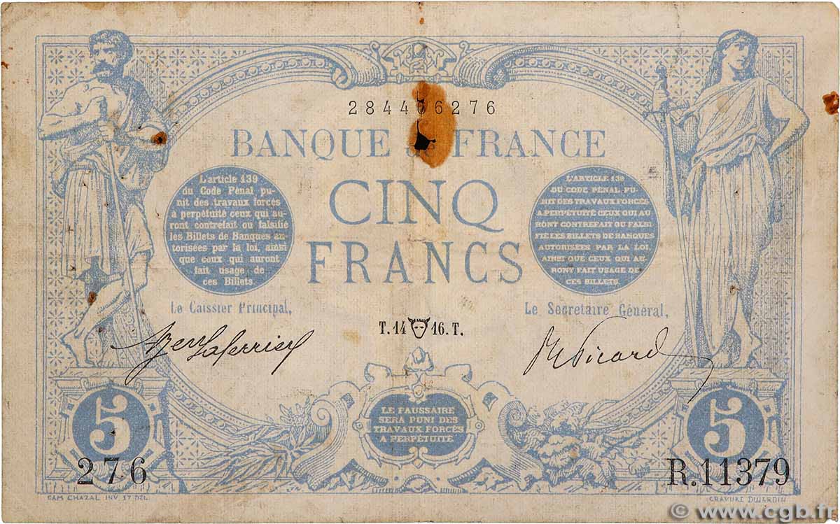5 Francs BLEU FRANKREICH 1916 F.02.38 fS