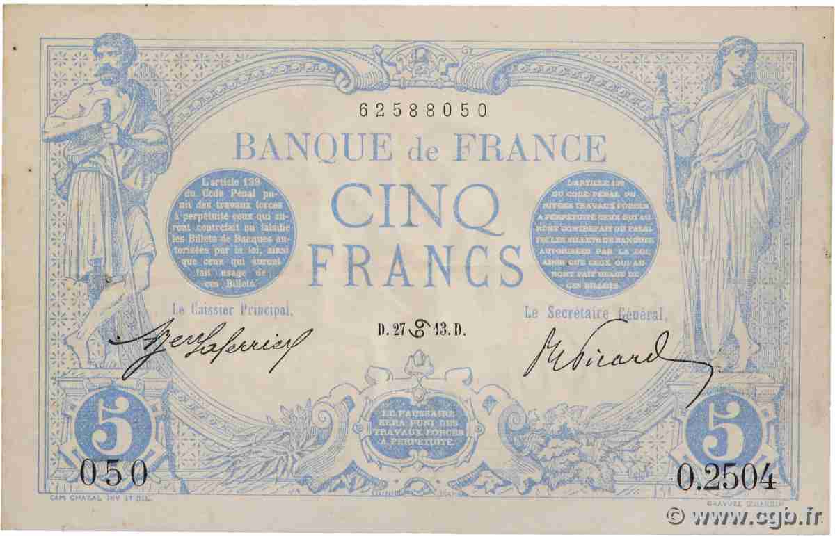 5 Francs BLEU FRANKREICH 1913 F.02.18 fSS