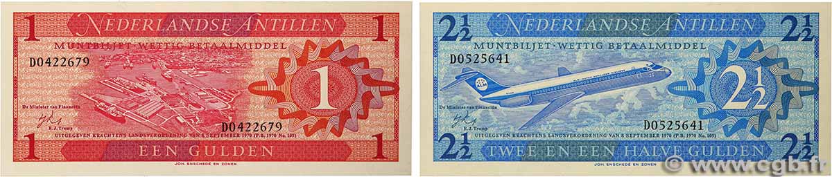 1 et 2,5 Gulden Lot NETHERLANDS ANTILLES 1979 P.20 UNC
