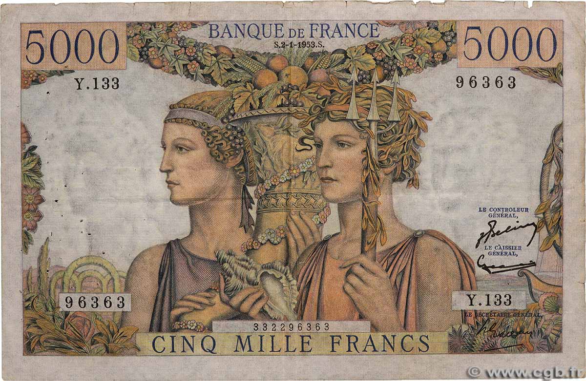5000 Francs TERRE ET MER FRANCIA 1953 F.48.08 BC