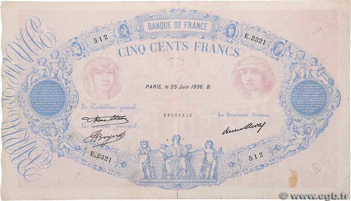 500 Francs BLEU ET ROSE FRANCE 1936 F.30.37 pr.TB