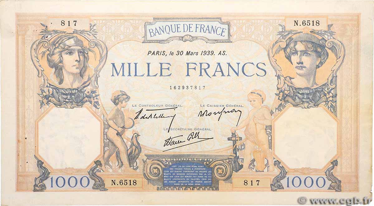 1000 Francs CÉRÈS ET MERCURE type modifié FRANCE 1939 F.38.35 TB+