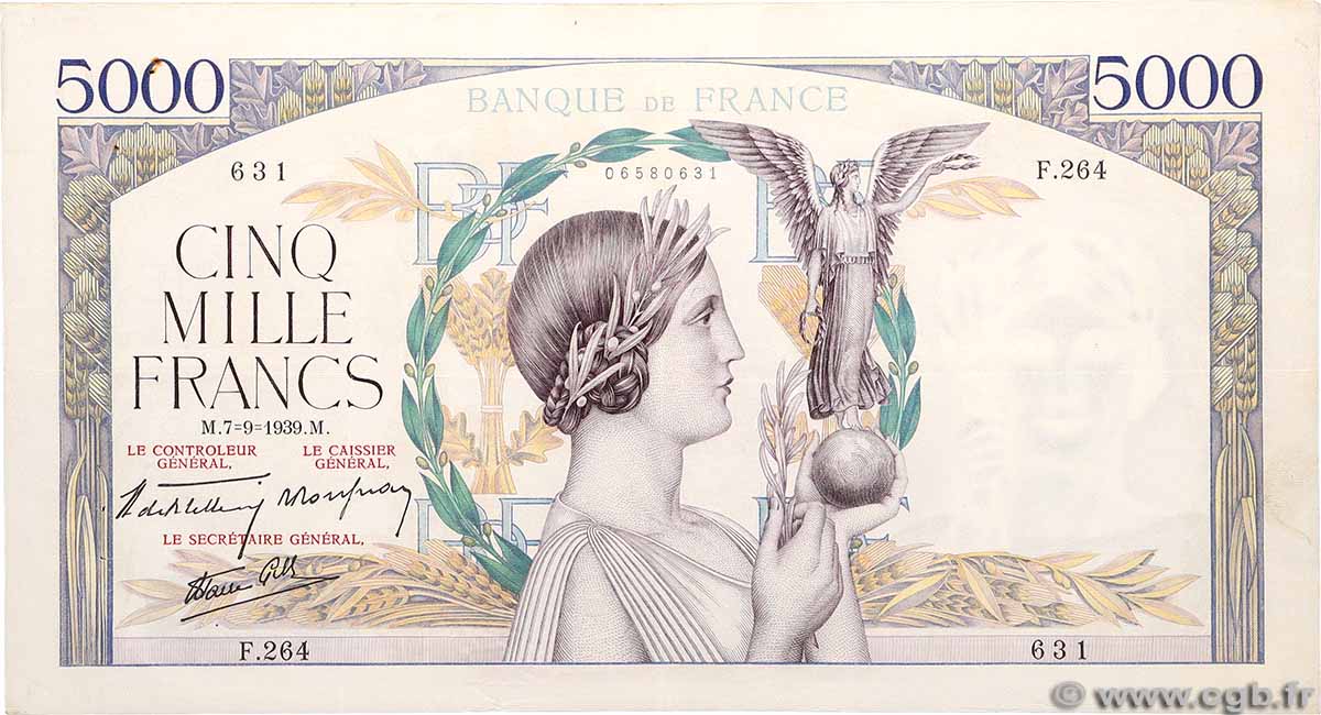 5000 Francs VICTOIRE Impression à plat FRANCE 1939 F.46.09 pr.TTB