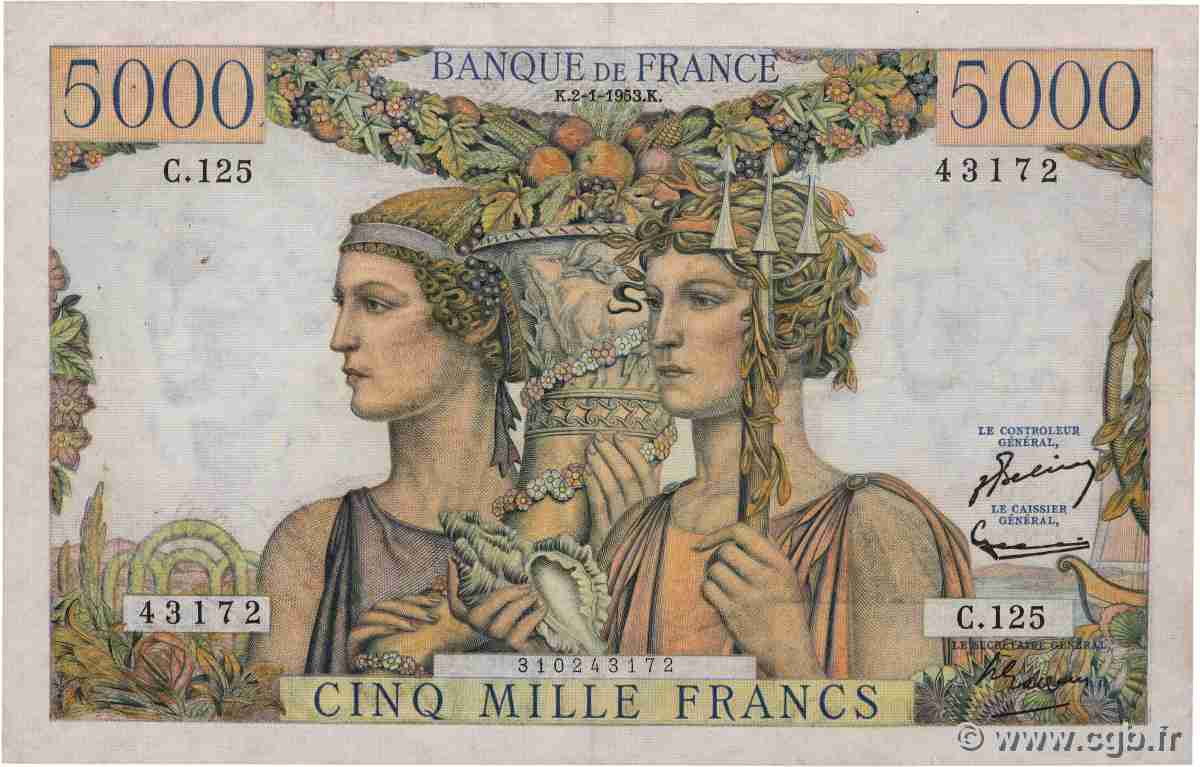 5000 Francs TERRE ET MER FRANCE 1953 F.48.08 pr.TTB
