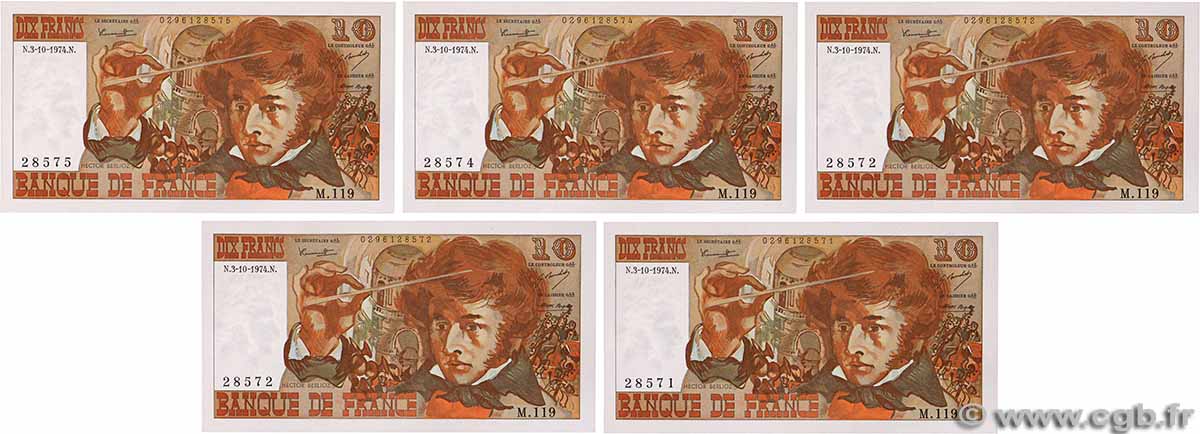 10 Francs BERLIOZ Consécutifs FRANCE 1974 F.63.07b UNC-