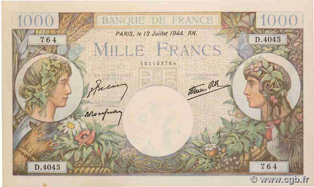 1000 Francs COMMERCE ET INDUSTRIE FRANCIA 1944 F.39.11 EBC