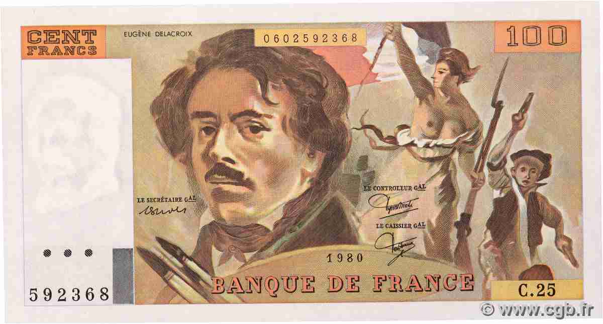 100 Francs DELACROIX modifié FRANCE 1980 F.69.04a NEUF