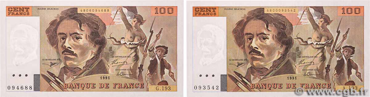 100 Francs DELACROIX imprimé en continu Lot FRANCE 1991 F.69bis.04a NEUF
