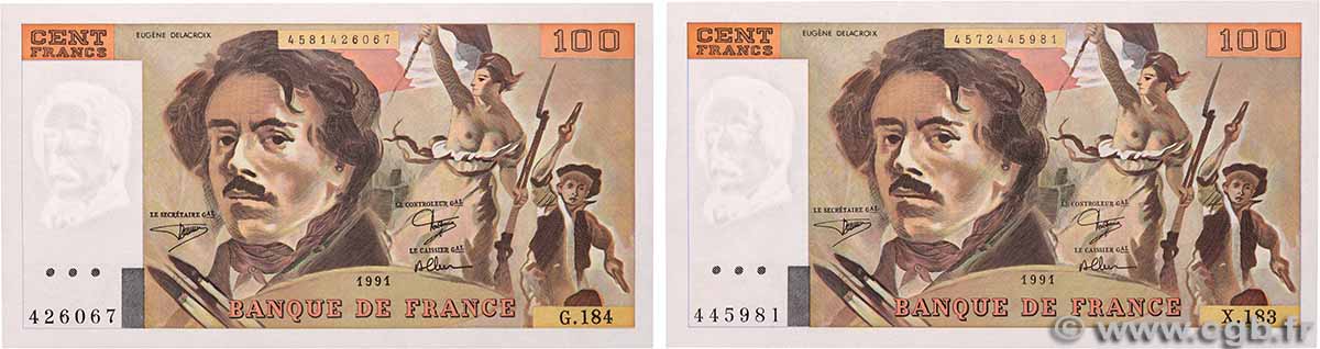 100 Francs DELACROIX imprimé en continu Lot FRANCE 1991 F.69bis.03b2 SPL+