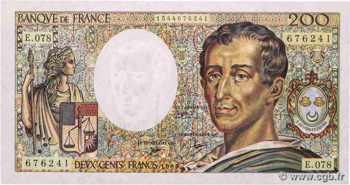 200 Francs MONTESQUIEU FRANCE 1990 F.70.10a pr.SPL