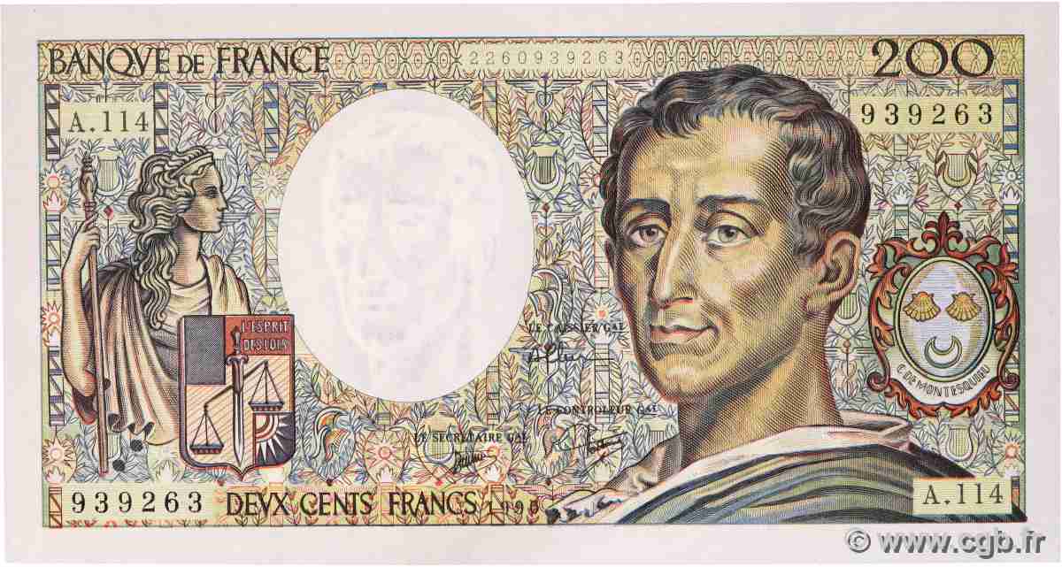 200 Francs MONTESQUIEU FRANCE 1990 F.70.10c UNC