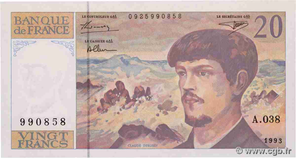 20 Francs DEBUSSY à fil de sécurité FRANCE 1993 F.66BIS.04A38 NEUF