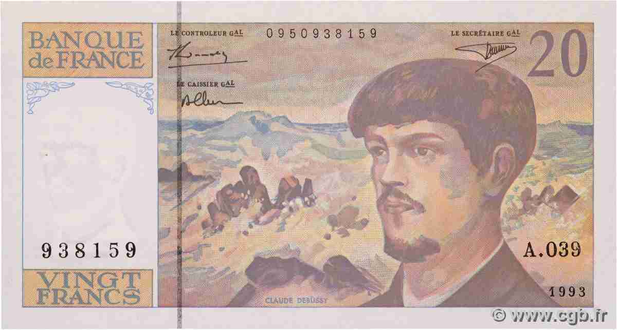 20 Francs DEBUSSY à fil de sécurité FRANCIA 1993 F.66bis.04A39 FDC
