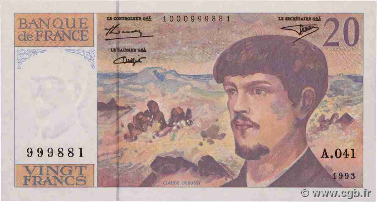 20 Francs DEBUSSY à fil de sécurité FRANCE 1993 F.66bis.05A41 NEUF
