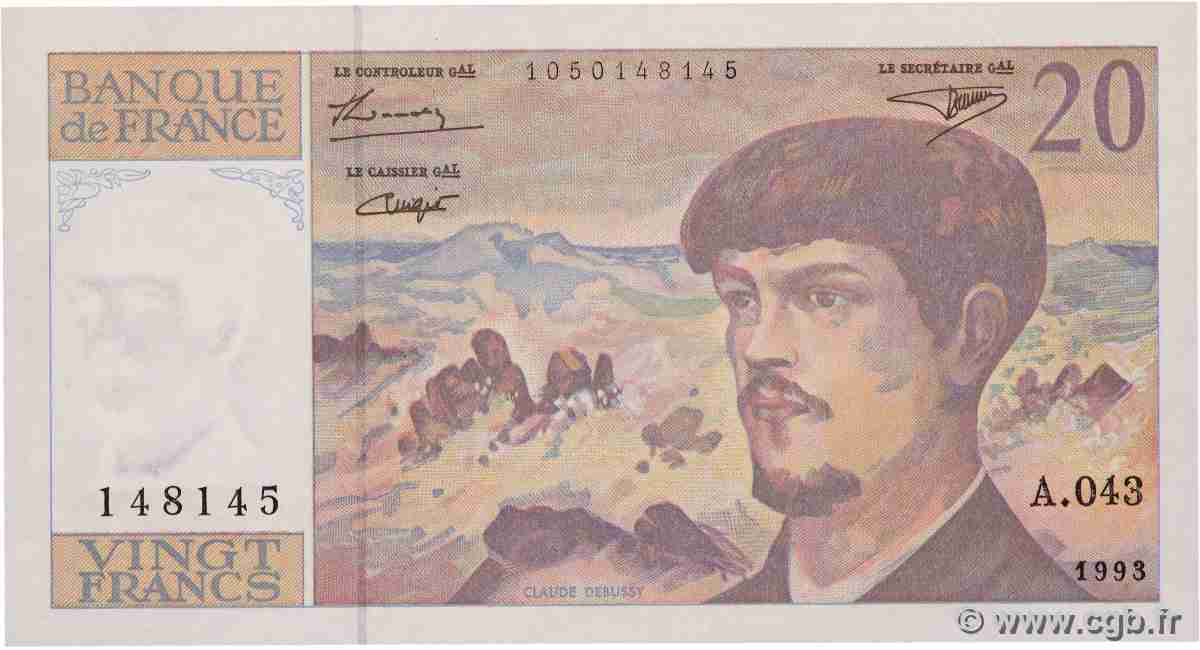 20 Francs DEBUSSY à fil de sécurité FRANCIA 1993 F.66bis.05A43 SC+