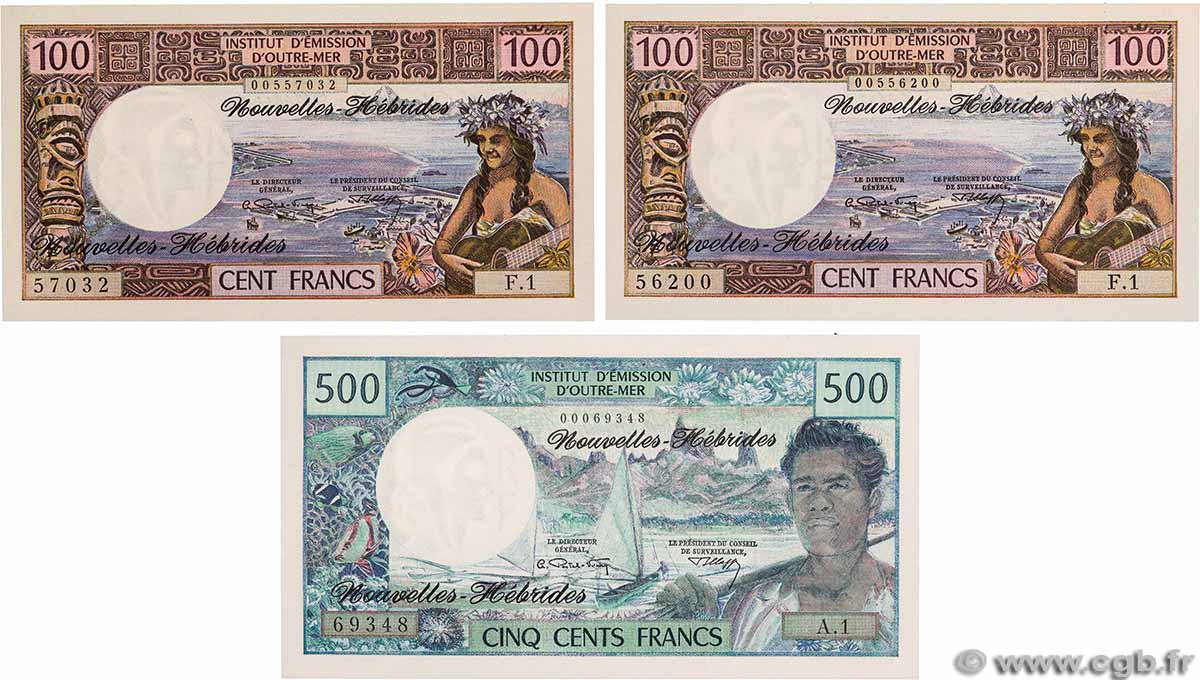 100 et 500 Francs Lot NEW HEBRIDES 1970 P.18b et P.19a UNC-