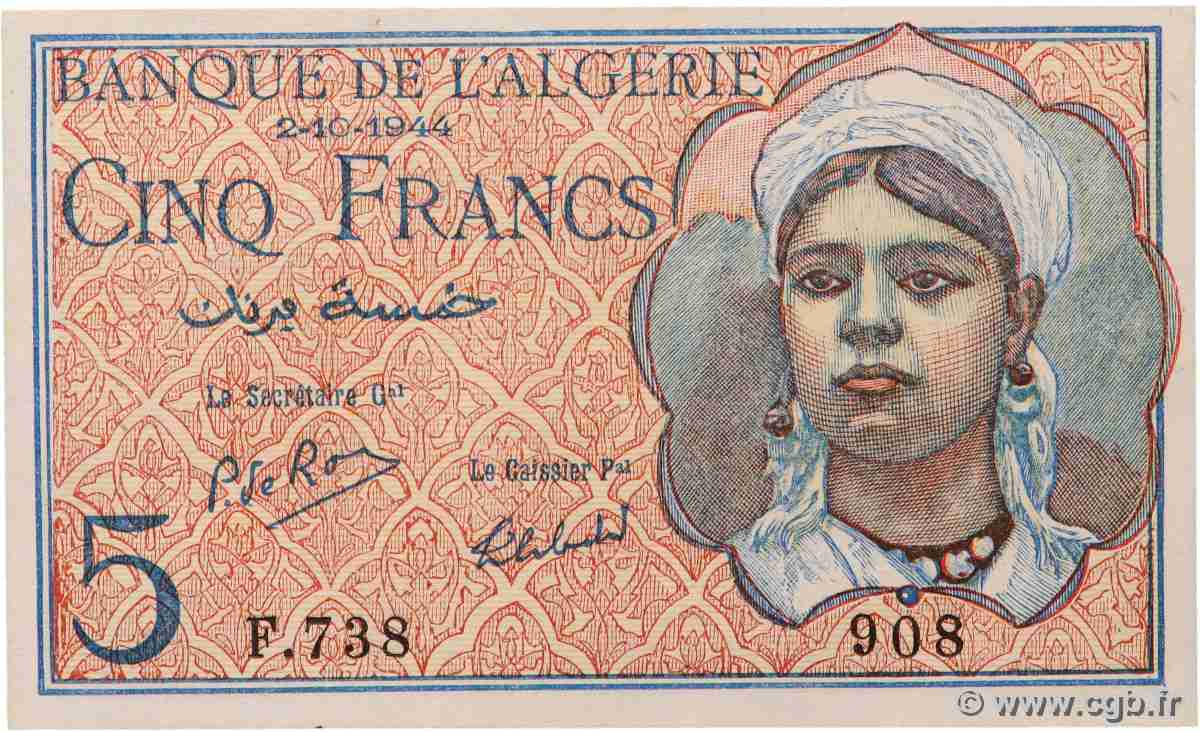 5 Francs ALGÉRIE 1944 P.094b pr.NEUF