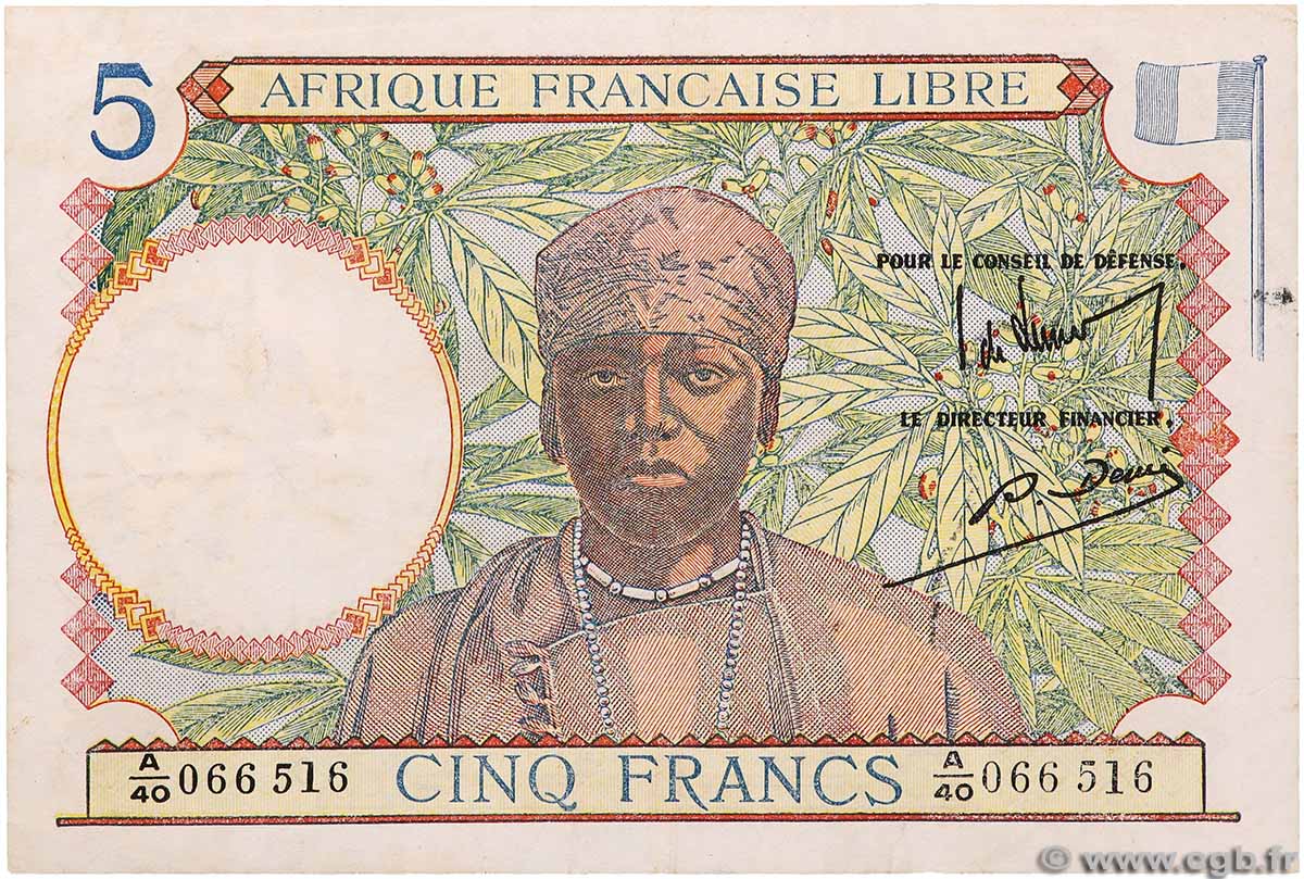 5 Francs type 1941 AFRIQUE ÉQUATORIALE FRANÇAISE 1943 A.114e TTB