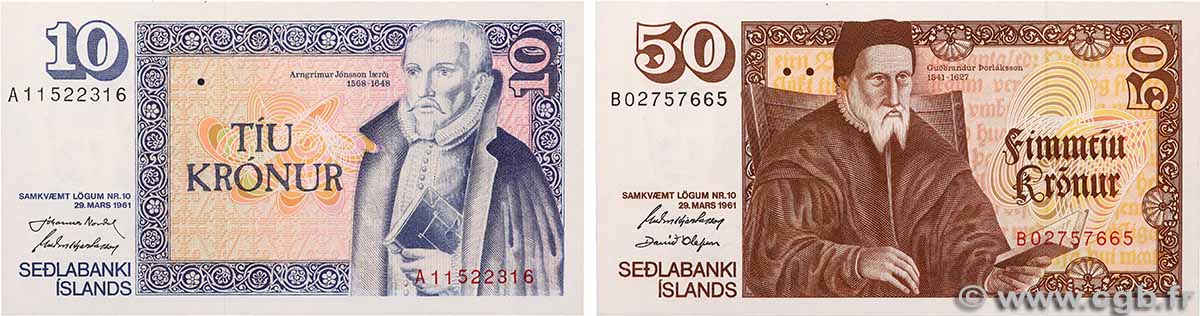 10 et 50 Kronur Lot ISLANDE 1961 P.48a et P.49a NEUF