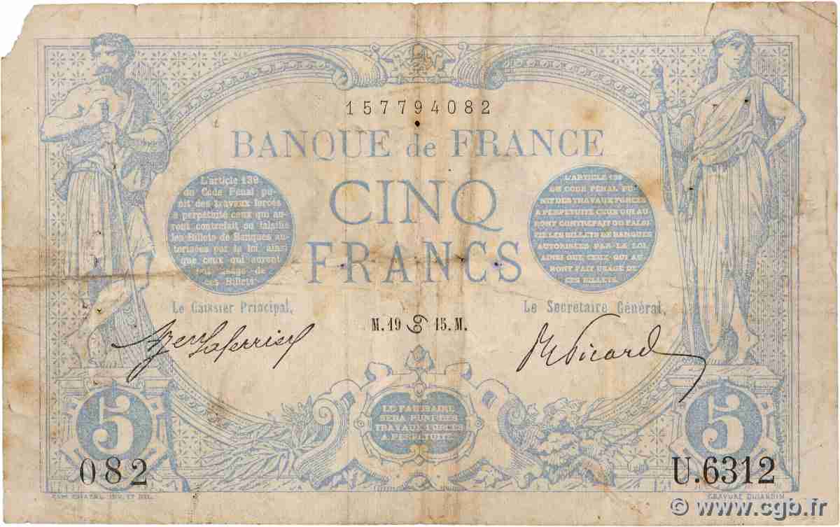5 Francs BLEU FRANKREICH 1915 F.02.28 S