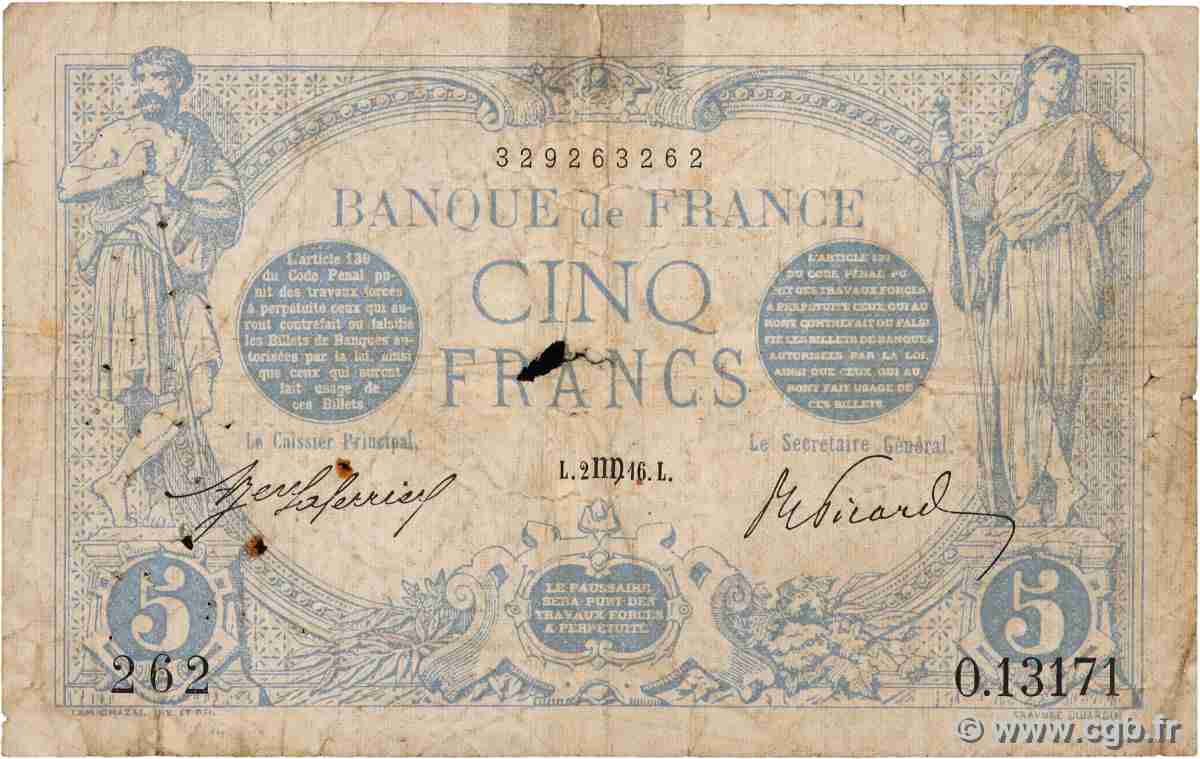 5 Francs BLEU FRANKREICH 1916 F.02.42 SGE