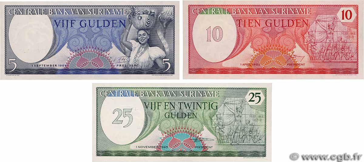 5 à 25 Gulden Lot SURINAM 1985 P.120b, P.126 et P.127b fST+