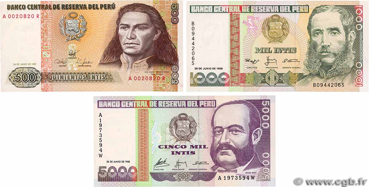 500 à 5000 Intis Lot PERU 1987 P.134b, P.136b et P.137 ST