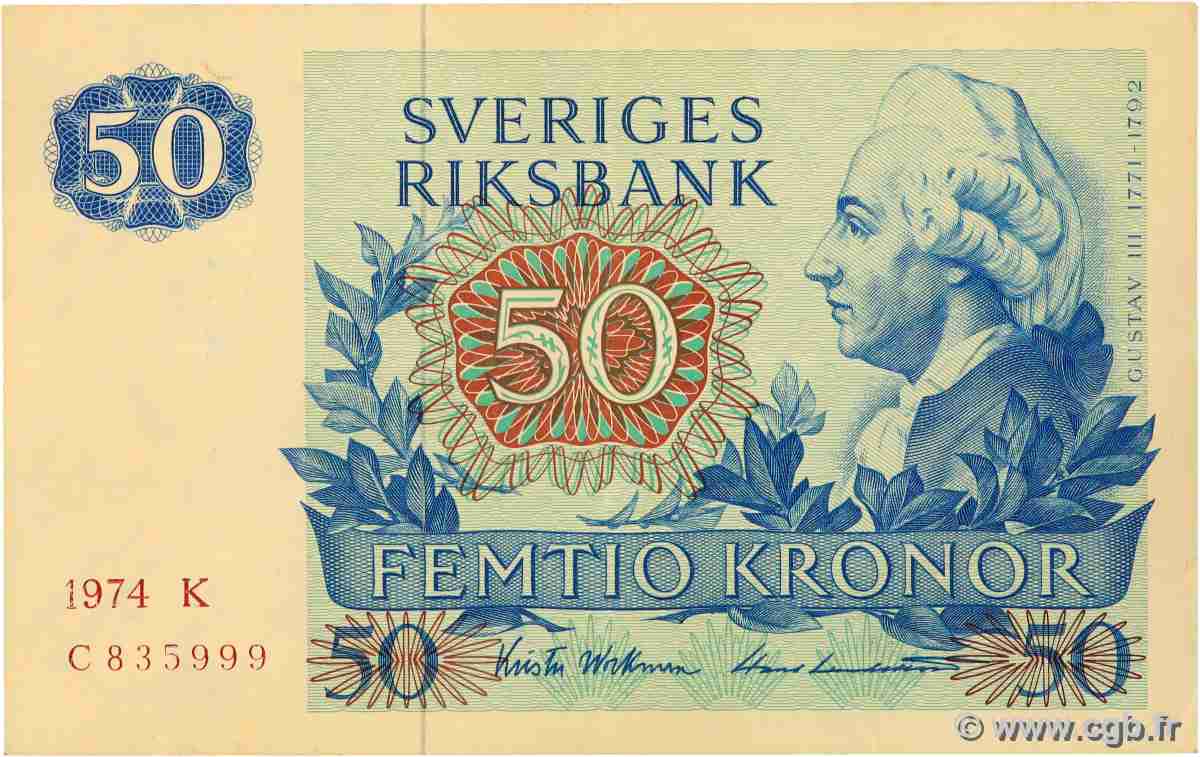 50 Kronor SUÈDE 1974 P.53b fVZ