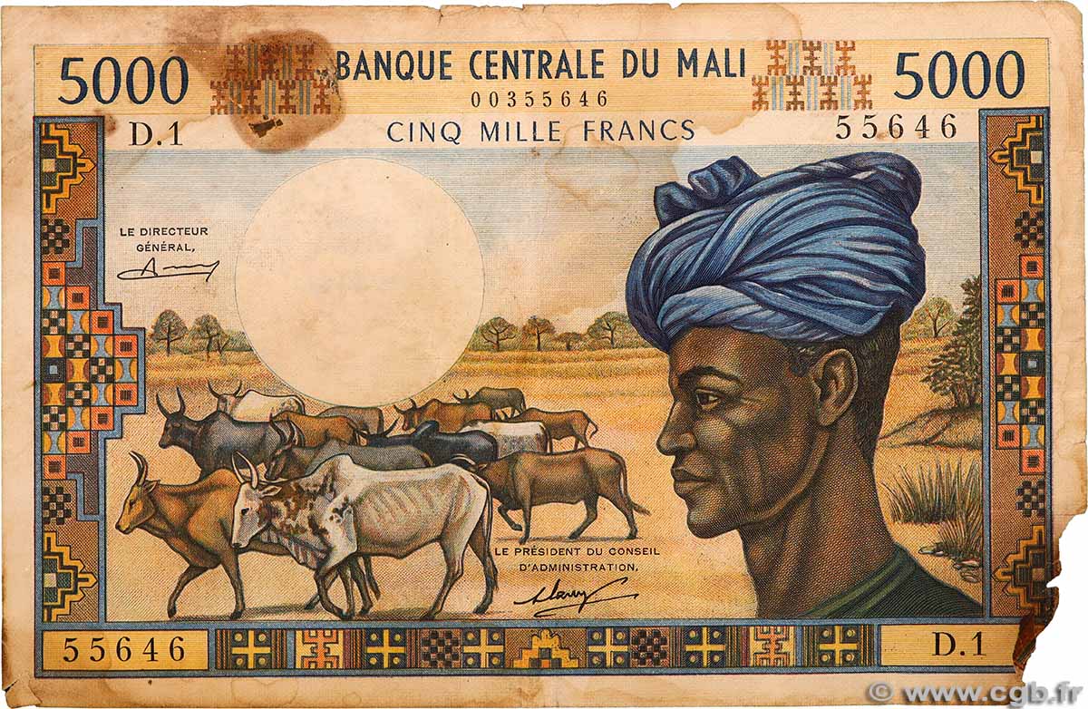 5000 Francs MALI 1973 P.14a B