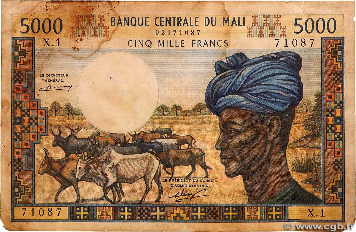 5000 Francs MALI 1973 P.14a B
