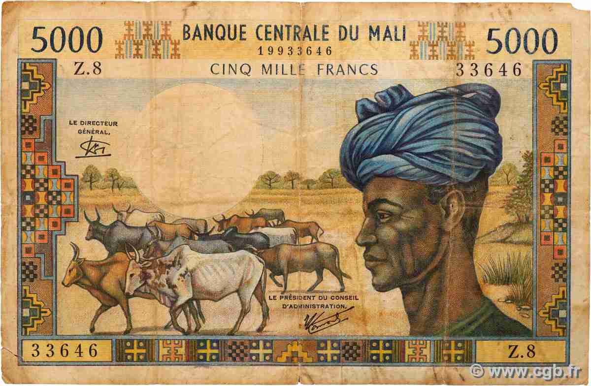 5000 Francs MALI 1973 P.14e B+
